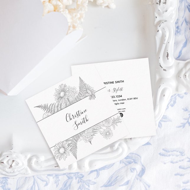 Carte De Visite Carré Fleurs Florales Élégantes Noires Et Blanches (Créateur téléchargé)