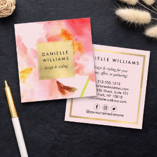Carte De Visite Carré Fleurs roses à l'aquarelle de luxe avec cadre en f