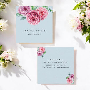 Carte De Visite Carré Fleurs roses florales Simple Bleu Chic