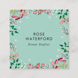 Carte De Visite Carré Fleurs sauvages boho - Bleu oeuf de Robin