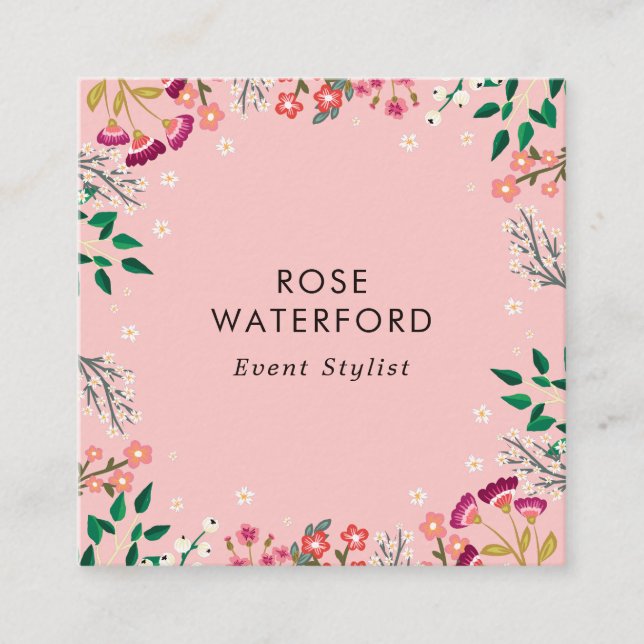 Carte De Visite Carré Fleurs sauvages boho rose (Devant)