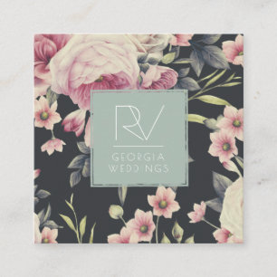 Carte De Visite Carré Fleurs Sombres Vintage sur Fond Noir   Monogramme