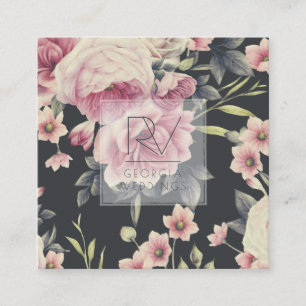 Carte De Visite Carré Fleurs Sombres Vintage sur Fond Noir   Monogramme