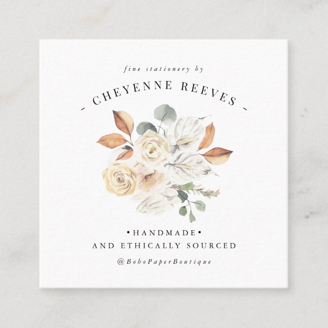 Carte De Visite Carré Floral d'automne rustique | Logo aquarelle (Devant)