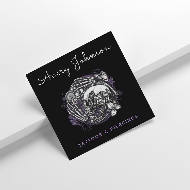 Carte De Visite Carré Floral gothique tatouage crâne Artiste Médias soci (Créateur téléchargé)