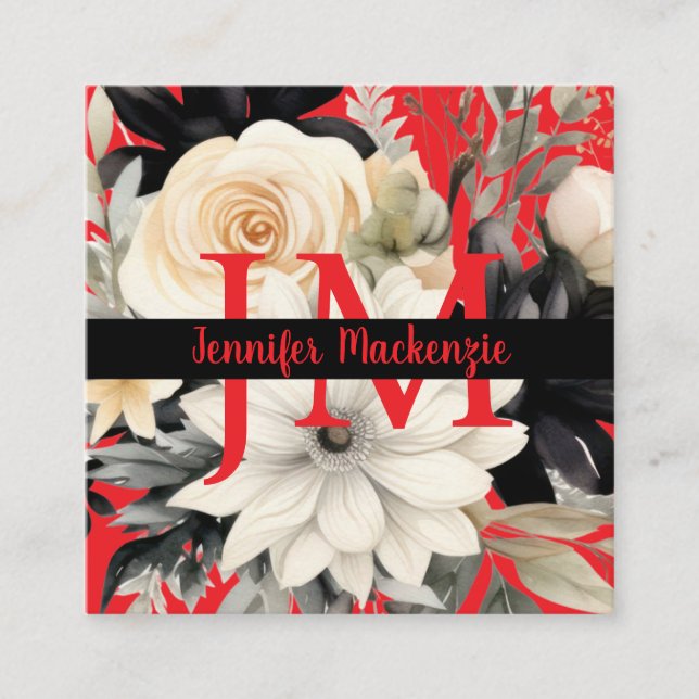 Carte De Visite Carré Floral noir et blanc de luxe (Devant)