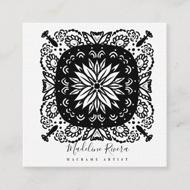Carte De Visite Carré Floral noir et blanc Mandala Yoga (Devant)
