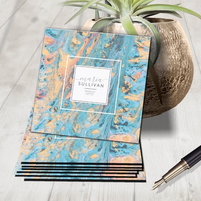 Carte De Visite Carré Flux de peinture texture Abstraite Turquoise/Jaune (Créateur téléchargé)