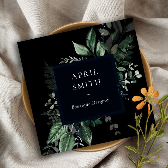 Carte De Visite Carré Foliage Tropical Foliage Vert Noir Moderne (Créateur téléchargé)