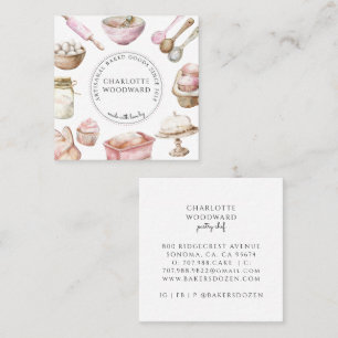 Carte De Visite Carré Fournil Pâtissier Aquarelle Ustensiles Pâtisseries