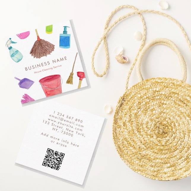 Carte De Visite Carré Fournitures de nettoyage de maison aquarelle Code  (Créateur téléchargé)