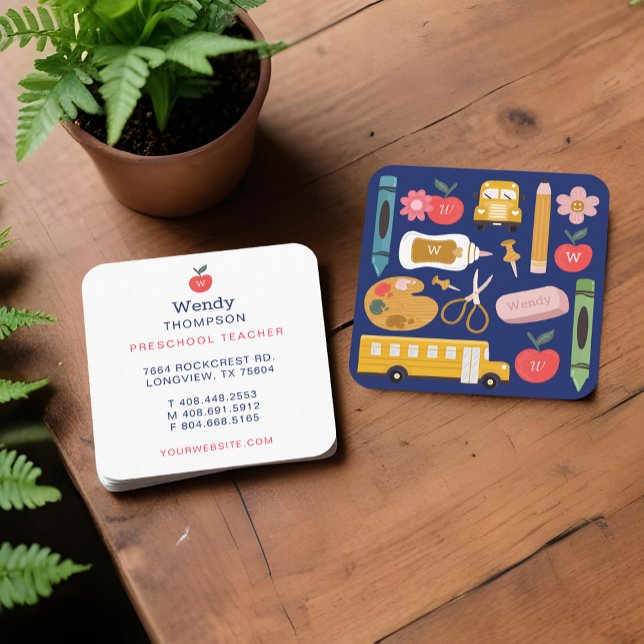 Carte De Visite Carré Fournitures scolaires de l'enseignant et du tuteur (Teacher & Tutor School Supplies Icon Illustrations Square Business Card)