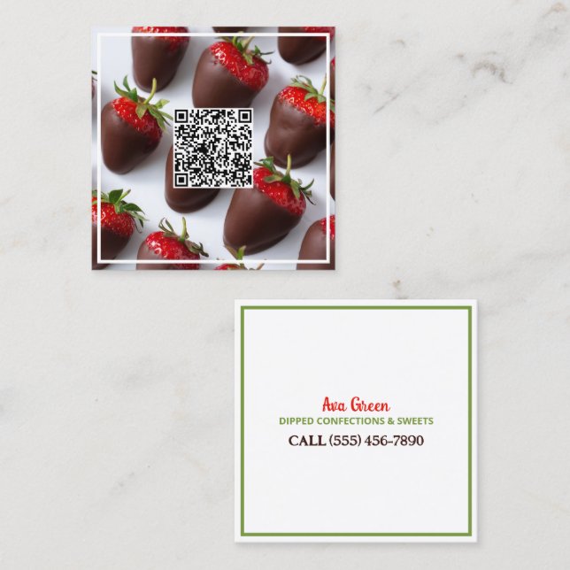 Carte De Visite Carré Fraises de chocolat QR personnalisée (Devant / Derrière)