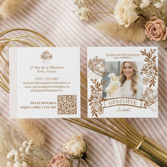 Carte De Visite Carré French Hand Drawn Floral Cupcake Bakery Photo (French Hand Drawn Floral Cupcake Bakery Photo Square Business Card)