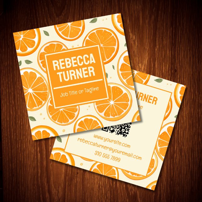 Carte De Visite Carré Fresh Orange Slice Pattern, Bright Citrus, QR Code (Créateur téléchargé)