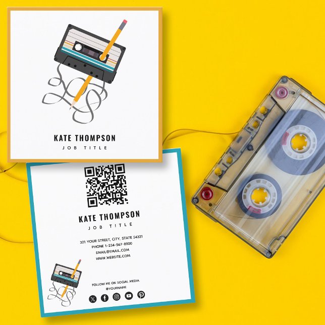 Carte De Visite Carré Funny 80s Musique Retro Cassette Code QR (Funny 80s Music Retro Cassette Tape QR Code Square Business Card)