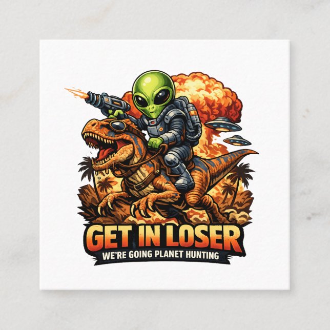 Carte De Visite Carré Funny Sci-Fi Fantasy Meme Art, Alien Riding Dinosa (Devant)