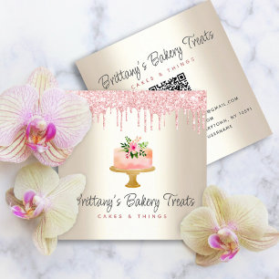 Carte De Visite Carré Gâteau Code QR Blush Rose Paillettes Drips Or Boul
