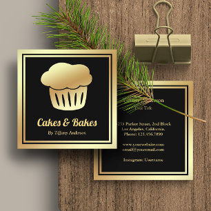 Carte De Visite Carré Gâteau Cupcake Maison en Faux Or Noir Boulangerie