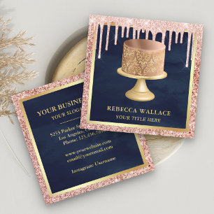 Carte De Visite Carré Gâteau de boulangerie damassé rose gold glitter dr