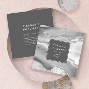 Carte De Visite Carré Géode Agate Gris Blanc Argent Faux Parties scintil
