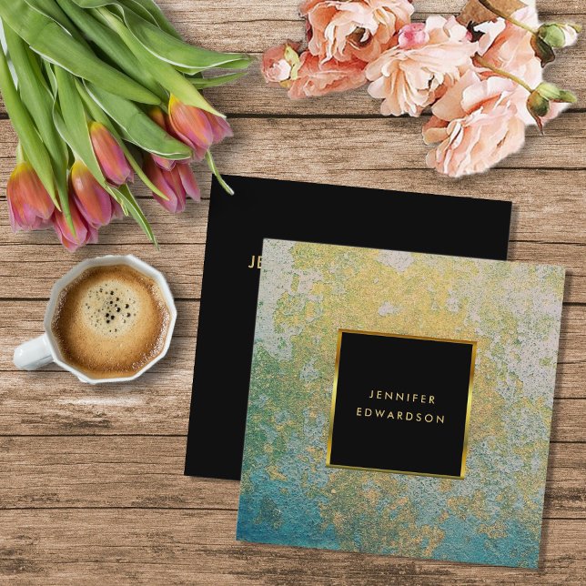 Carte De Visite Carré Géographe en pierre turquoise et or professionnel (Teal gold gemstone, black gold frame, professional square business card.)