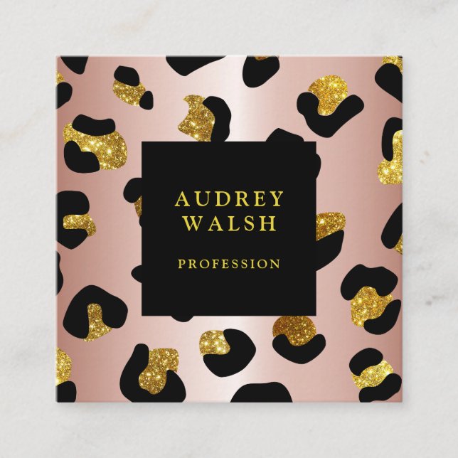 Carte De Visite Carré Girly Glittery Rose Gold Empreinte de léopard Luxe (Devant)