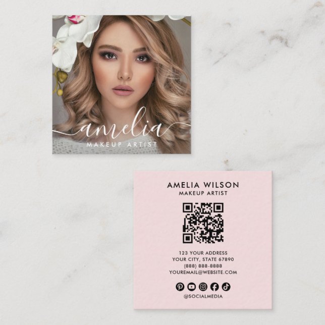 Carte De Visite Carré Girly Script QR Code Photo  Square Blush Pink (Devant / Derrière)