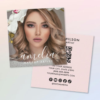 Carte De Visite Carré Girly Script QR Code Photo  Square Blush Pink