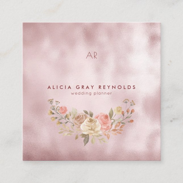 Carte De Visite Carré Glam Monogramme Rose or Wedding planner Floral (Devant)