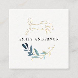 Carte De Visite Carré Gold Blue Foliing Horse Aquarelle Professionnel