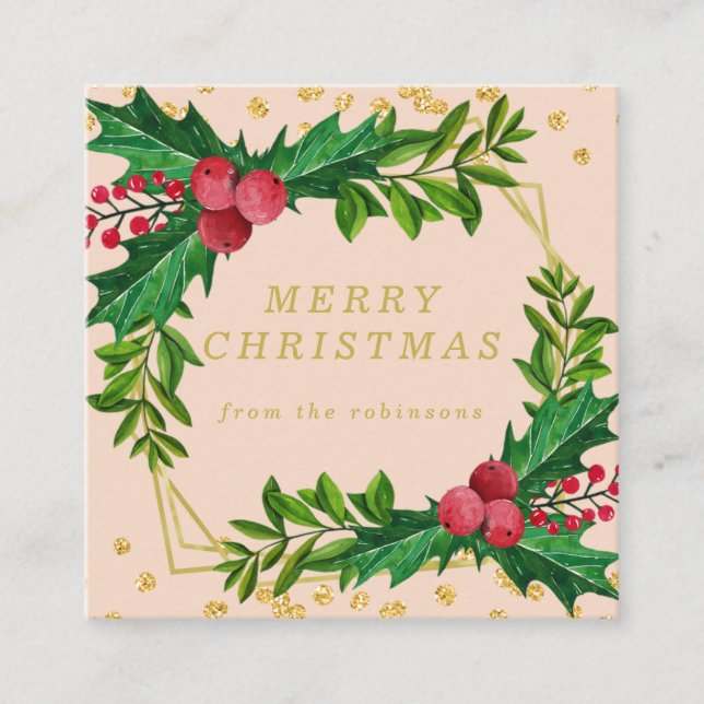 Carte De Visite Carré Gold Blush Family Joyeux Noël Holly Parties scinti (Devant)