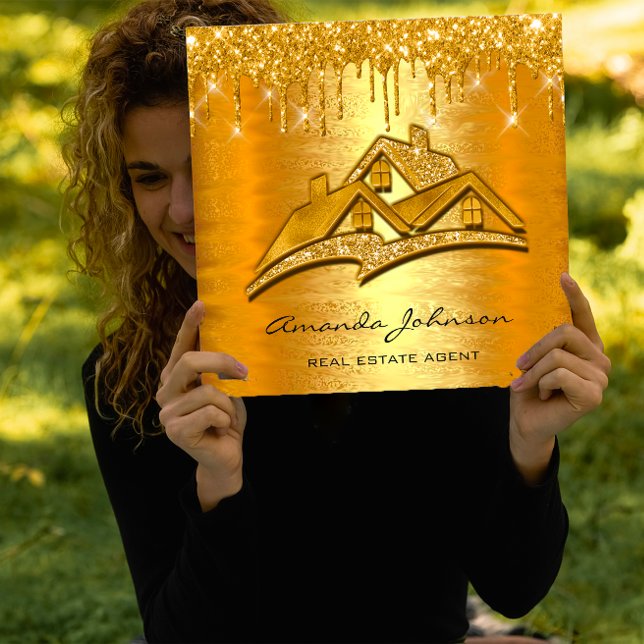 Carte De Visite Carré Gold Drives Logo Maison agent immobilier de luxe (Gold Drips Logo House Real Estate Agent Luxury Square Business Card)