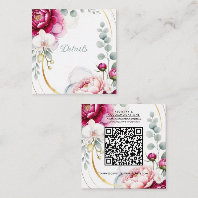 Carte De Visite Carré Gold Halo Garden Peonies & Orchids Wedding Details (Devant / Derrière)