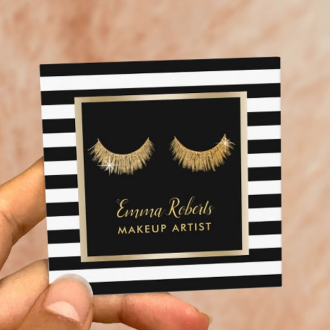 Carte De Visite Carré Gold Lashes Artiste maquillage Moderne Black Strip (Créateur téléchargé)
