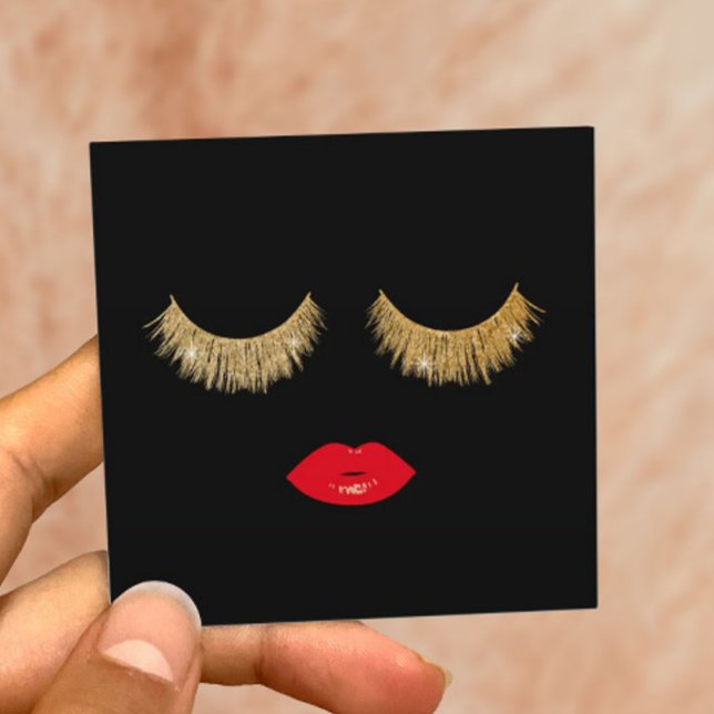 Carte De Visite Carré Gold Lashes & Red Lips Maquillage Artiste Beauté S (Créateur téléchargé)
