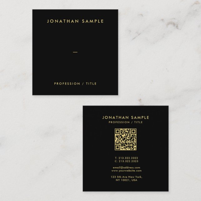 Carte De Visite Carré Gold Text QR Code Elegant Black Modèle Premium (Devant / Derrière)