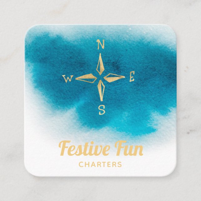 Carte De Visite Carré *~* Golden Compass Beach Océan Blanc Turquoise Mer (Devant)