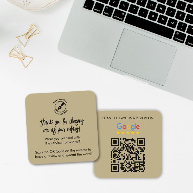 Carte De Visite Carré Google Beige moderne avis QR Code logo notaire (Créateur téléchargé)