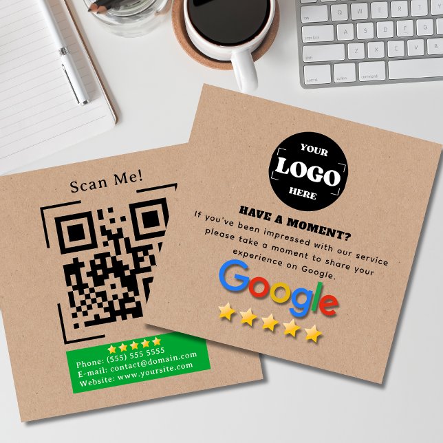 Carte De Visite Carré Google Review Avec QR Code Link Kraft Rustic (Créateur téléchargé)