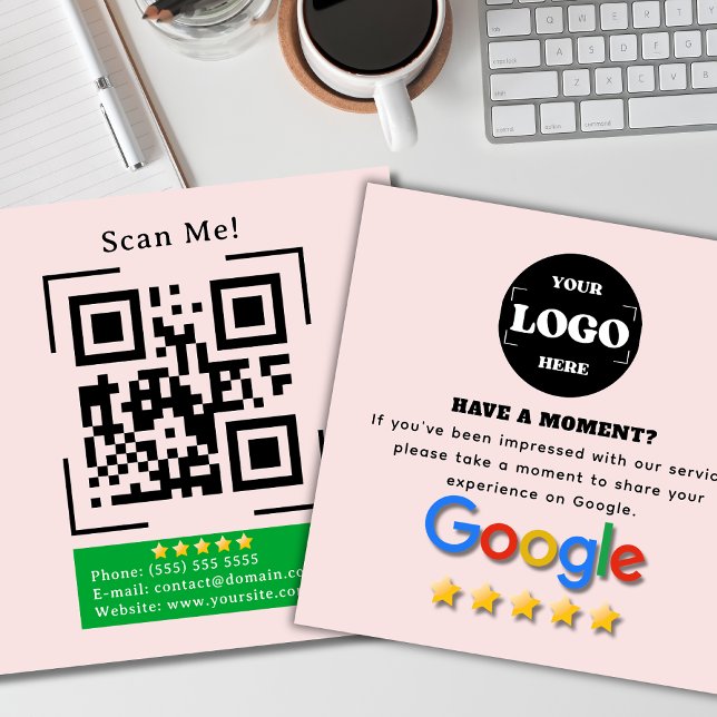 Carte De Visite Carré Google Review | Code QR | Blush Pink Modern (Créateur téléchargé)