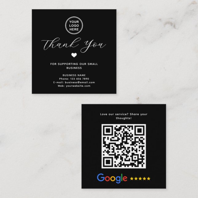 Carte De Visite Carré Google Review QR Code Merci Black Modern (Devant / Derrière)