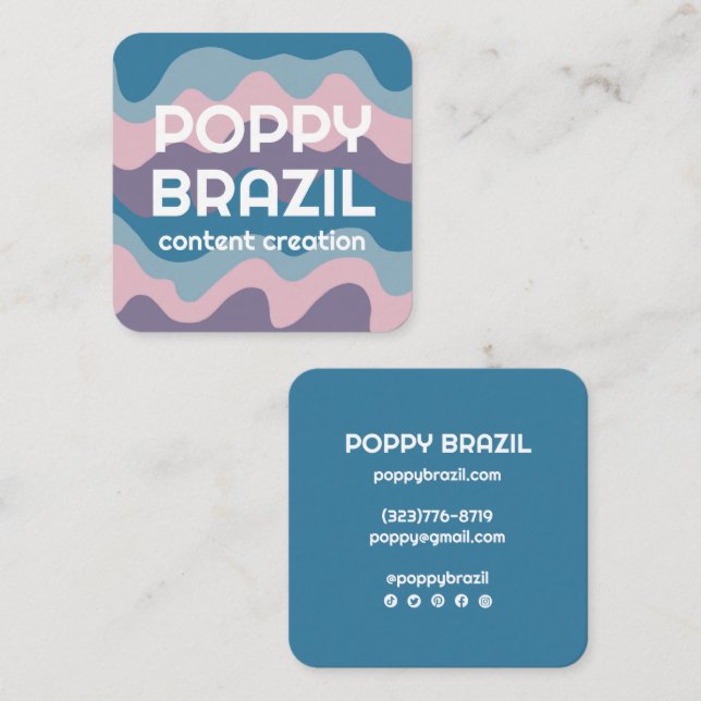 Carte De Visite Carré GRAND BOLD RETRO Curvy Wavy Stripes doux rose bleu (Devant / Derrière)
