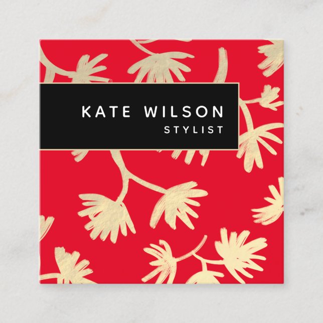 Carte De Visite Carré Gras Rouge Or Artistic Floral (Devant)