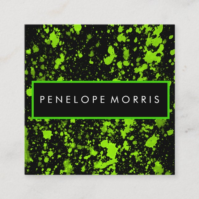 Carte De Visite Carré Gras Vert et noir Peinture Splatter beauté Stylist (Devant)