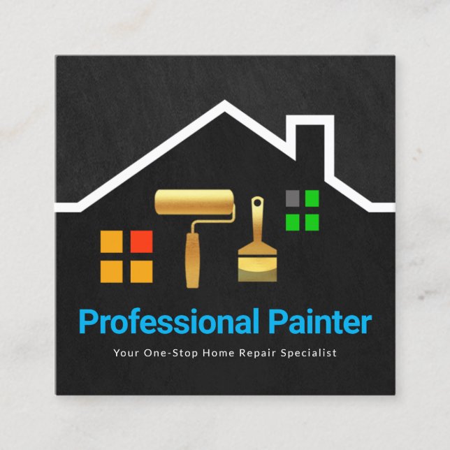 Carte De Visite Carré Gris Grunge Gold Brush Bâtiment sur le toit (Devant)