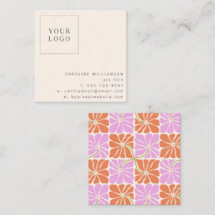 Carte De Visite Carré Groovy Rétro Orange Rose Logo Floral Créatif