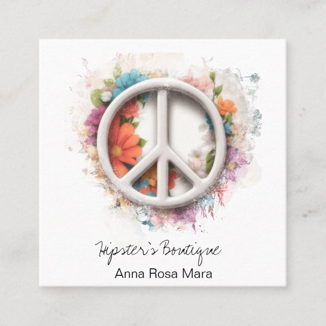 Carte De Visite Carré *~* Grunge QR White Peace Sign Flowers Boho AP57 (Devant)