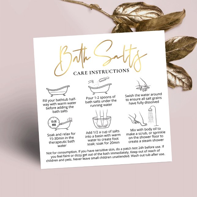 Carte De Visite Carré Guide de l'utilisateur Sécurité des sels de bain C (Trendy and chic Bath Salts care instructions cards with icons and gold foil effects)