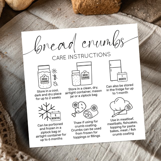 Carte De Visite Carré Guide d'entretien des chapelures Logo minimum Boul (Minimalist sourdough bread crumbs care instructions cards with care icons, stylish calligraphy font)